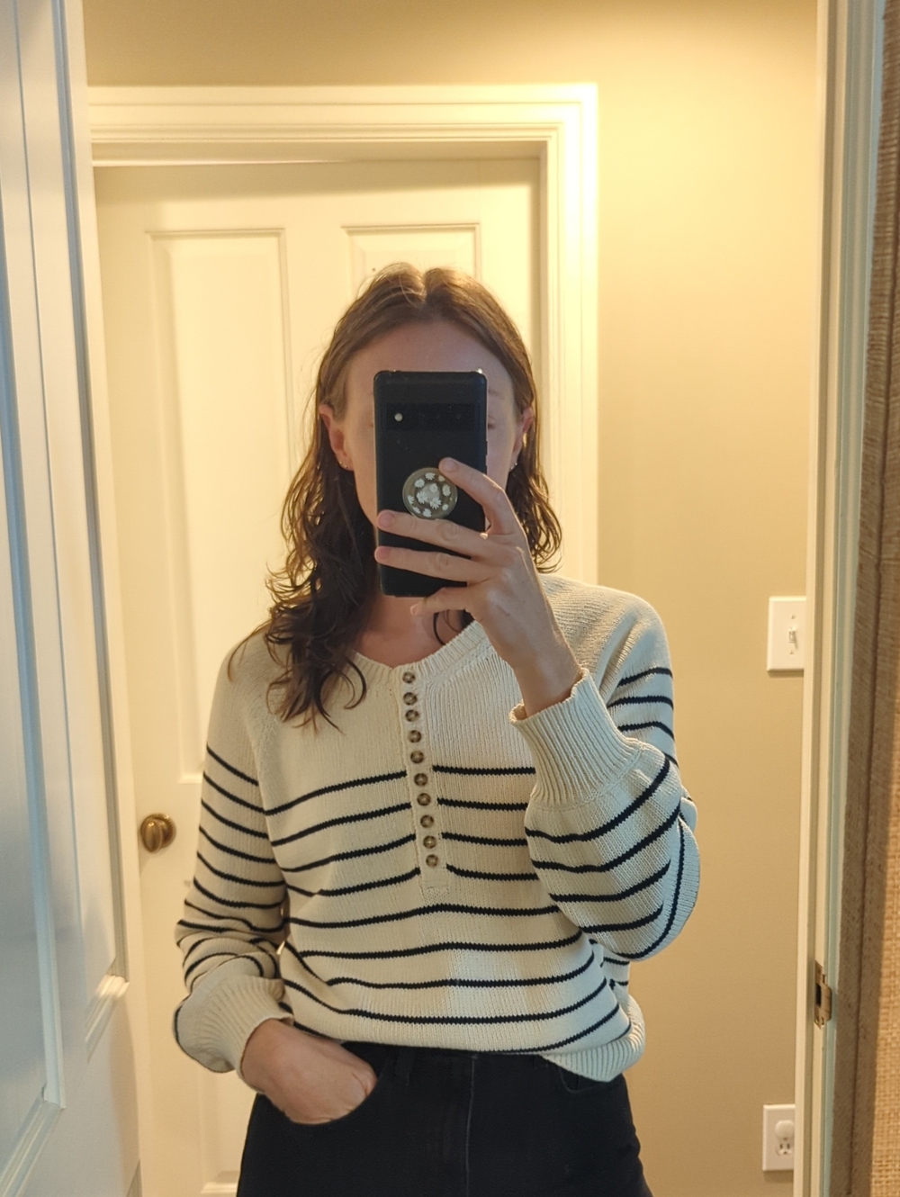 Sezane Leontine Sweater Cream and Black Button-Front Knit Sweater
